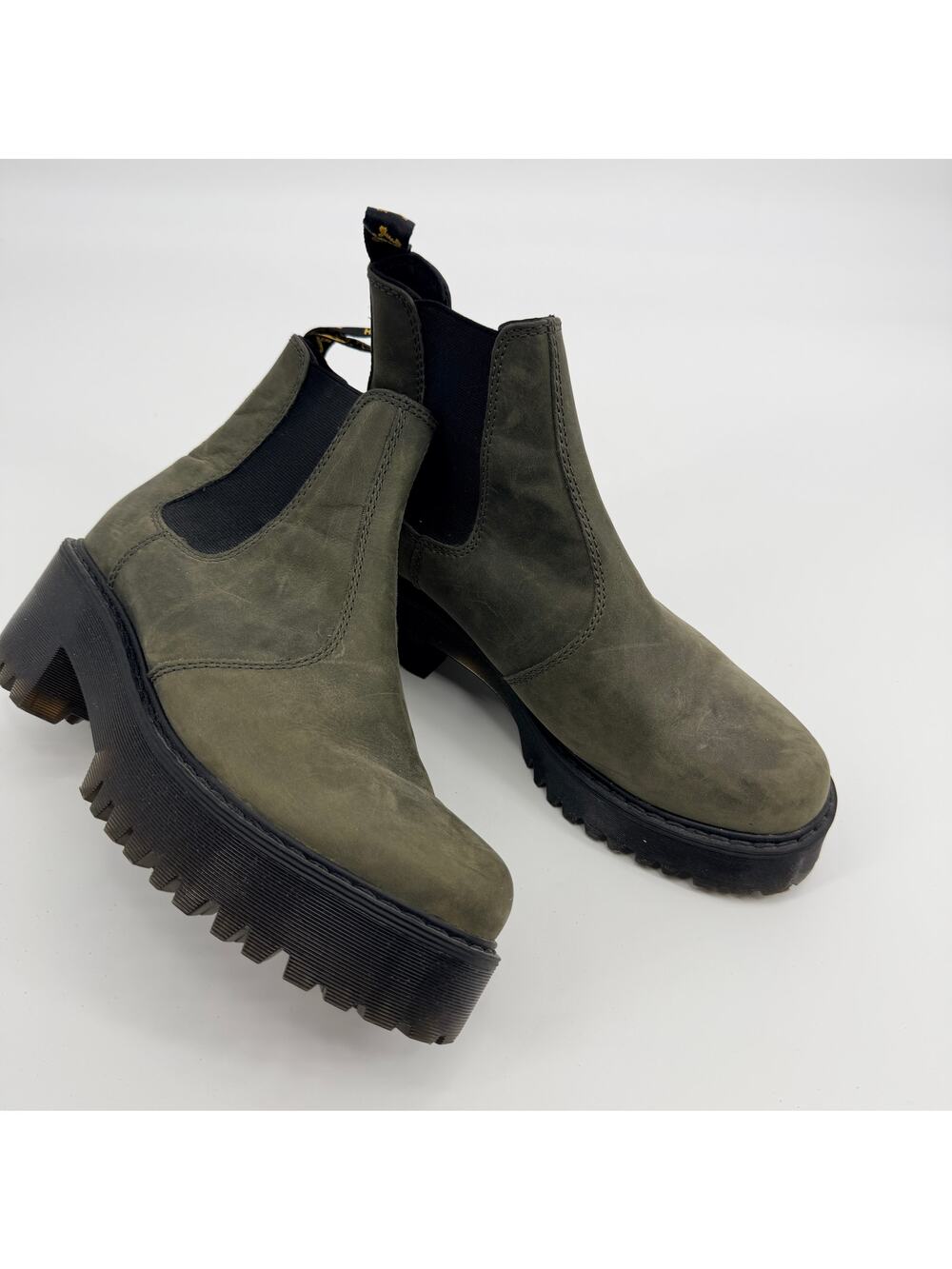Dr. Martens Rometty Slate Green Leather Platform Chelsea Chunky Boots Womens 8